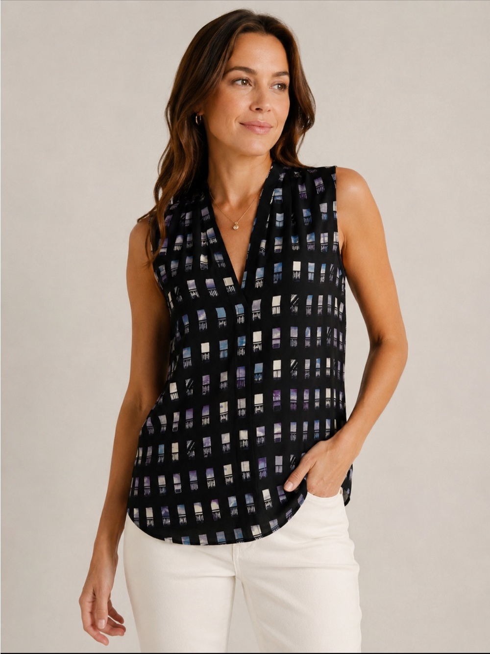 NIC + ZOE Abstract Print Sleeveless V-Neck Blouse Black Purple Top size Large